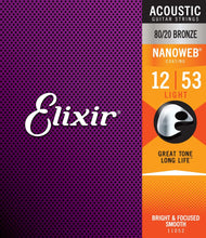 Load image into Gallery viewer, Elixir 11052 Nanoweb 80/20 Bronze 12-53 Acoustic Guitar Strings