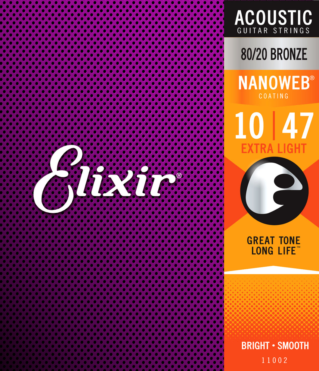 Elixir 11002 Nanoweb 80-20 Bronze 10-47 Acoustic Guitar Strings