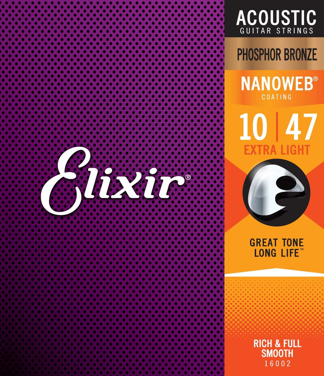 Elixir E16002 Nanoweb Phosphor Bronze 10-47 Acoustic Guitar Strings