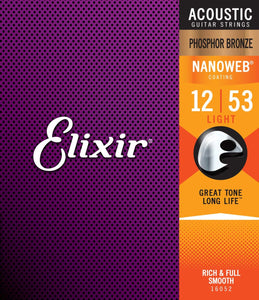 Elixir 16052 Nanoweb 12-53 Phosphor Bronze Acoustic Guitar Strings